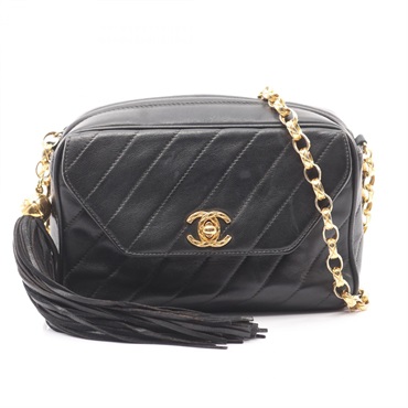 CHANEL COCO Mark bias stitch chain crossbody Shoulder Bag tassel Lambskin BK GHW