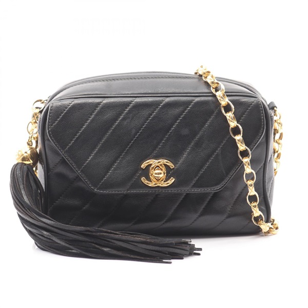 CHANEL COCO Mark bias stitch chain crossbody Shoulder Bag tassel Lambskin BK GHW