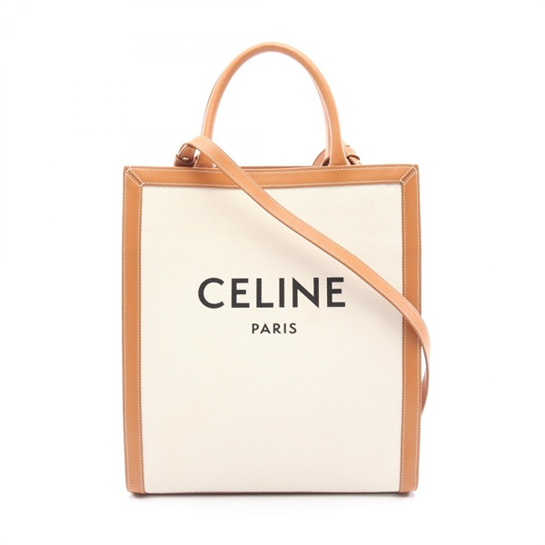 CELINE Small Vertical Cabas Crossbody Tote Bag canvas leather Beige Brown Used
