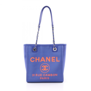 CHANEL Deauville PM Tote chain shoulder Bag A66939 canvas leather Blue Red Used