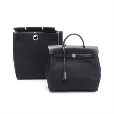 HERMES Herbag a dos PM Rucksack Backpack C Toile officier leather Black Used SHW