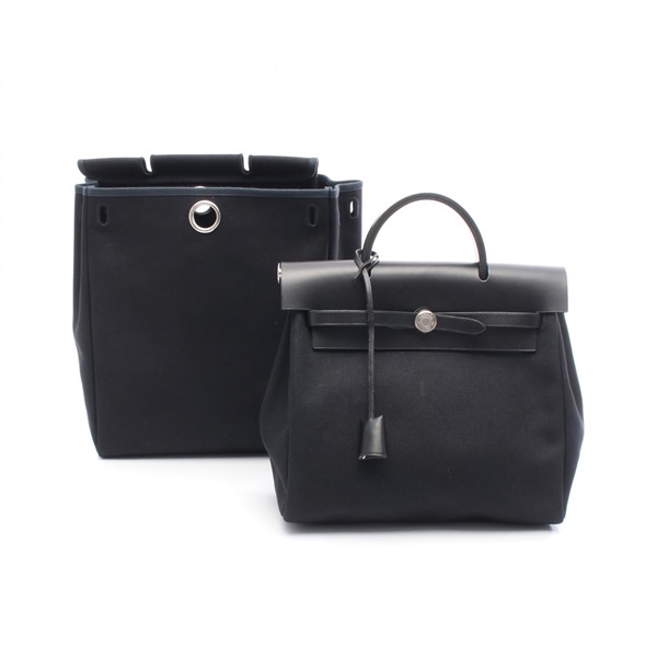 HERMES Herbag a dos PM Rucksack Backpack C Toile officier leather Black Used SHW