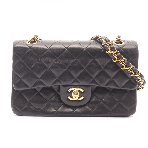 CHANEL Matelasse W flap chain Shoulder Bag Lambskin leather Black Used GHW