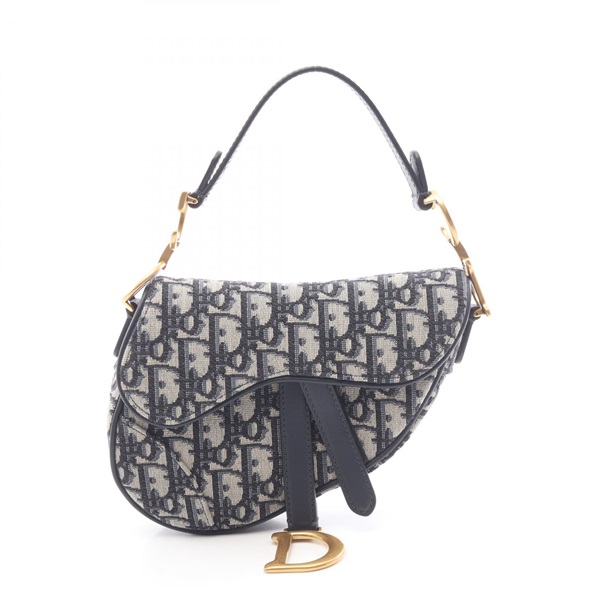 Christian Dior Mini Saddle Oblique Jacquard Handbag canvas leather Navy Used