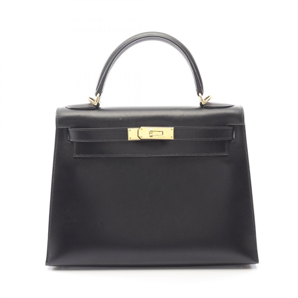 HERMES Kelly 28 Shoulder Handbag Box calf leather Calfskin Black GHW Used E