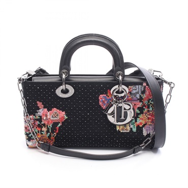 Dior Lady D-Joy Medium Shoulder Handbag leather Felt Black Multicolor Used women
