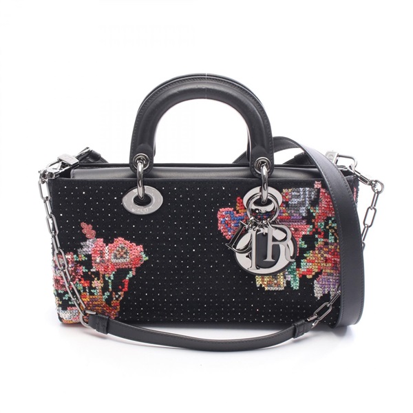 Dior Lady D-Joy Medium Shoulder Handbag leather Felt Black Multicolor Used women