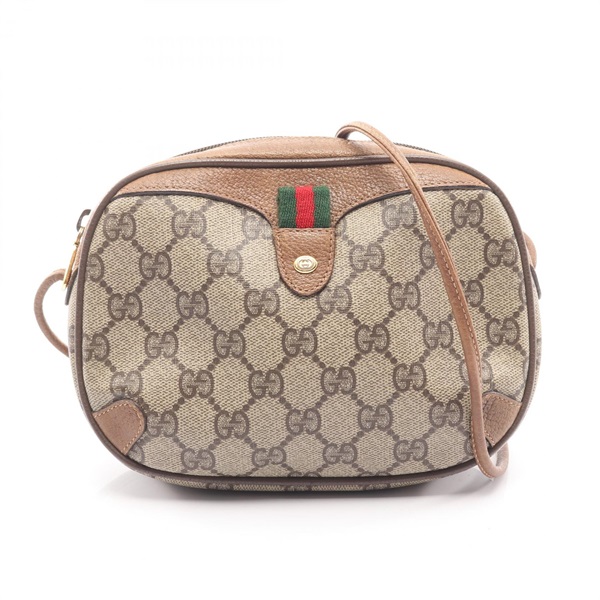 GUCCI Old Gucci GG Plus Sherry Line Shoulder Bag canvas leather Beige Brown Used
