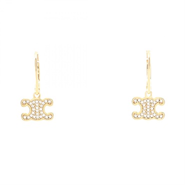 CELINE Triomphe Pierced Earrings Gold Plated Rhinestone NEW Women