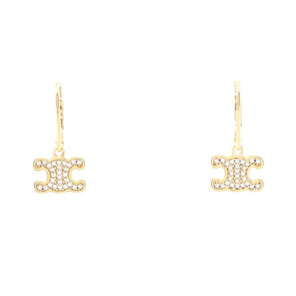 CELINE Triomphe Pierced Earrings Gold Plated Rhinestone NEW Women