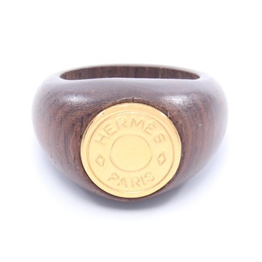 HERMES Sellier BIJOUTERIE FANTAISIE Ring Gold Plated Wood Brown Used US #6.75