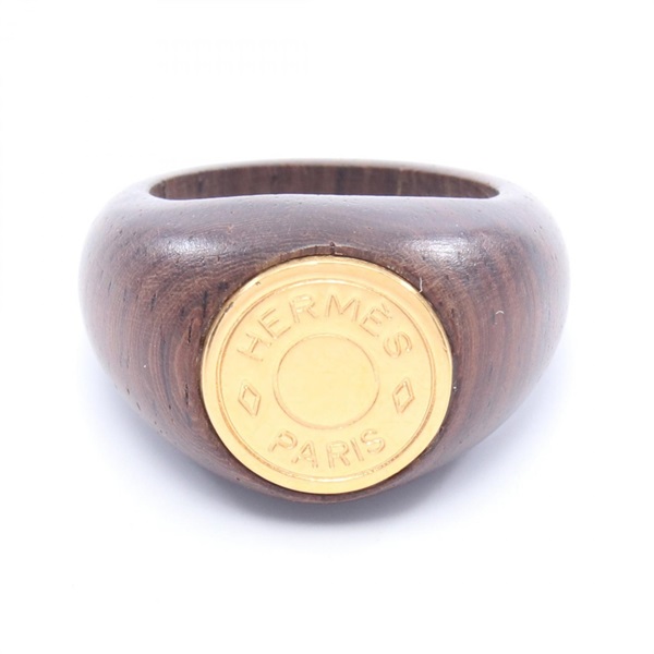 HERMES Sellier BIJOUTERIE FANTAISIE Ring Gold Plated Wood Brown Used US #6.75