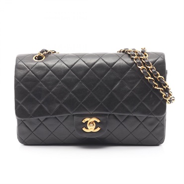 CHANEL Matelasse W flap chain Shoulder Bag Lambskin Black Used Women GHW