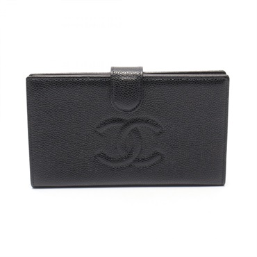 CHANEL COCO Mark Bifold long purse wallet A13498 calf leather Black GHW Used CC