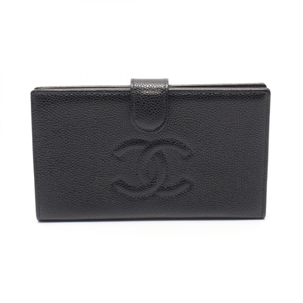 CHANEL COCO Mark Bifold long purse wallet A13498 calf leather Black GHW Used CC