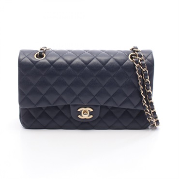 CHANEL Matelasse Double Flap Chain Shoulder Bag A01112 Calfskin Navy GHW Used