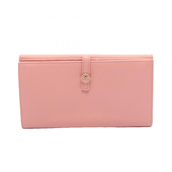 CHANEL COCO Button Bifold long Wallet Purse leather Pink GHW Used Women Coco CC