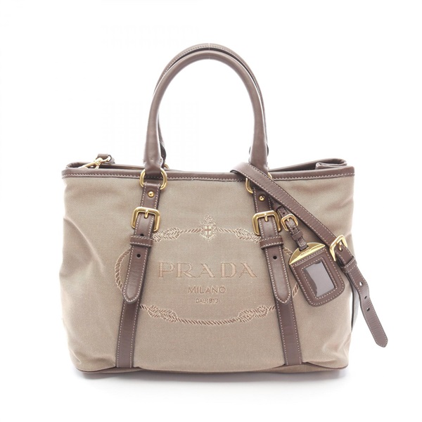 PRADA Logo Jacquard 2Way Tote Handbag canvas leather Beige Brown Used Women