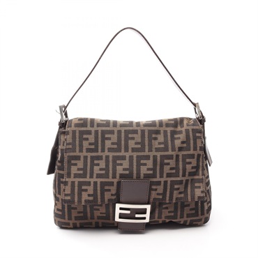 FENDI Mamma bucket Zucca Shoulder Handbag canvas leather Brown Black Used Women