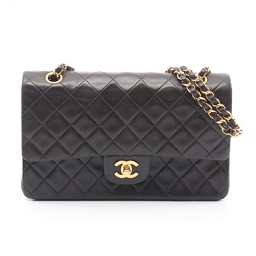 CHANEL Matelasse W flap chain Shoulder Bag Lambskin Black Used Women GHW