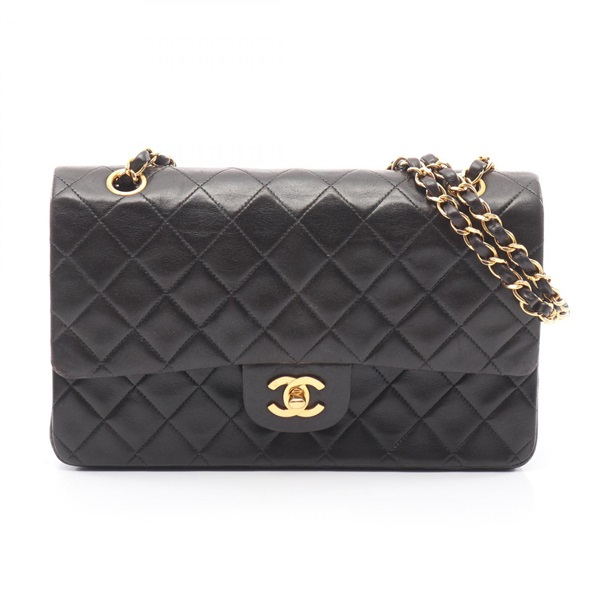 CHANEL Matelasse W flap chain Shoulder Bag Lambskin Black Used Women GHW