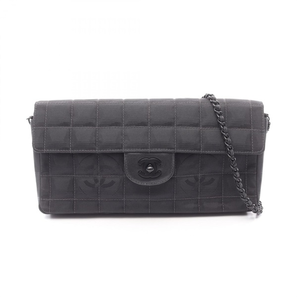 CHANEL New Travel Line Chocolate Bar Shoulder Bag Leather canvas Black Used SHW