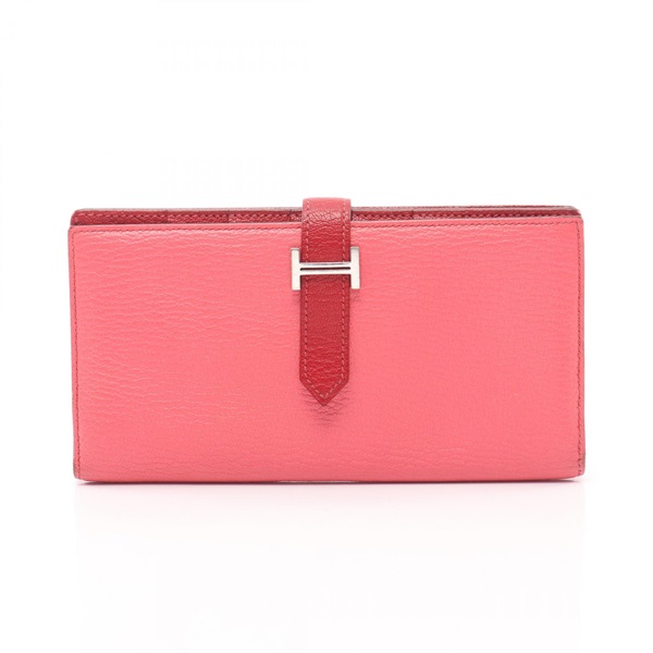 HERMES Bearn Soufflet Bifold purse wallet P Chevre leather Pink Red SHW Used