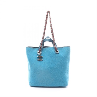 CHANEL Matelasse Chain Shoulder Tote Bag A66709 wool leather Blue Used Women CC
