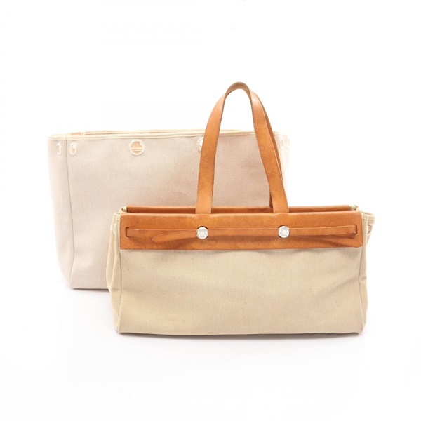 HERMES Herbag Cabas GM Tote hand Bag G Toile H leather ecru natural SHW