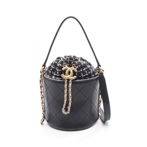 CHANEL Matelasse Chain Small Bucket Shoulder Crossbody Bag leather Fabric GHW CC