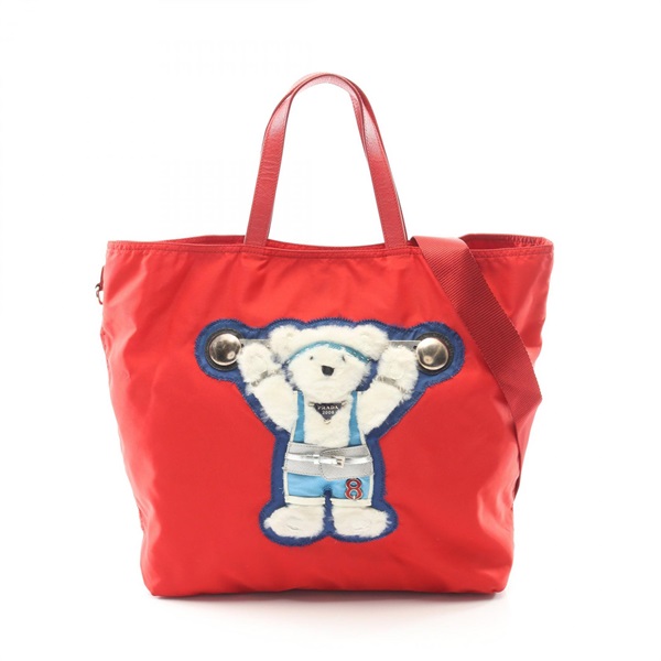 PRADA Bear Shoulder tote Handbag Nylon Saffiano leather Red Used Women