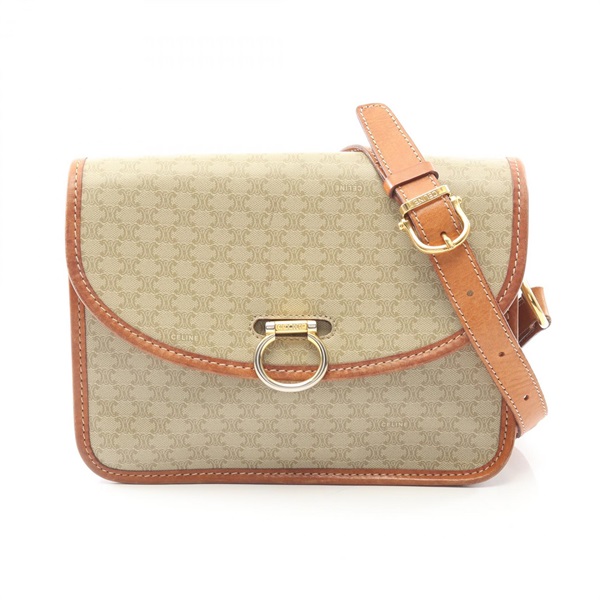 CELINE Macadam Shoulder Bag crossbody PVC coated canvas leather Beige Brown Used