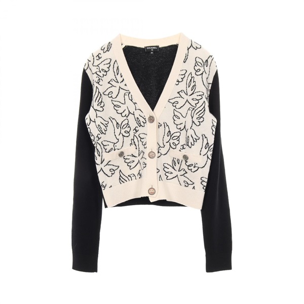 CHANEL COCO Mark Button Knitwear cardigan cashmere White Black Used Women #34