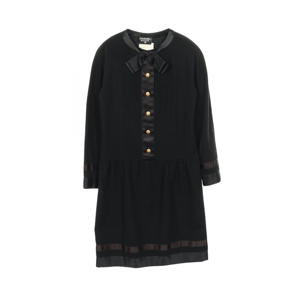 CHANEL Camelia button long sleeve Dress #36 wool Black Used Women