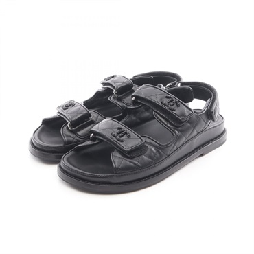 CHANEL Comfort Matelasse Sandals Shoes #38 Lamb leather Black Used Women Coco CC