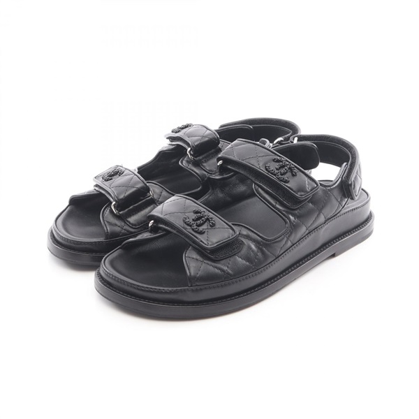 CHANEL Comfort Matelasse Sandals Shoes #38 Lamb leather Black Used Women Coco CC