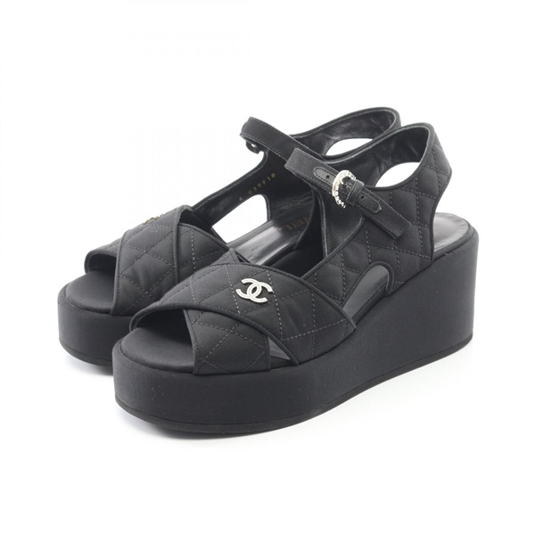 CHANEL COCO Mark Matelasse Platform Sandals Shoes #38 Grosgrain Black Used Women