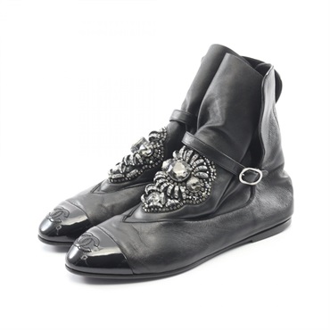 CHANEL COCO Mark Short boots Shoes #37 1/2 Patent leather Black Used Women CC