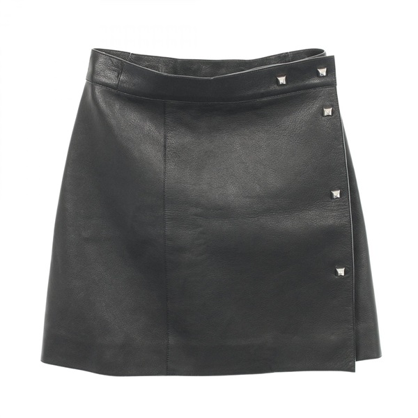 HERMES Mini Skirt #34 leather viscose Black Studs Used Women