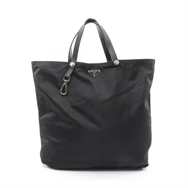 PRADA Tote Handbag Nylon Saffiano leather Black triangle logo Used Women