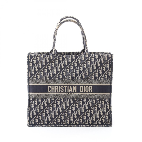 Dior BOOK TOTE Large Hand Bag canvas Navy Beige Used Women Logo