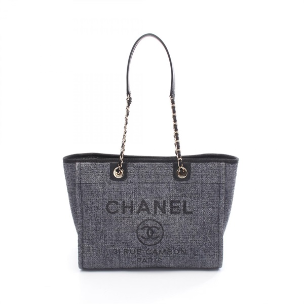 CHANEL Deauville Chain Shoulder Tote Bag Fabric leather Gray Black GHW Used CC