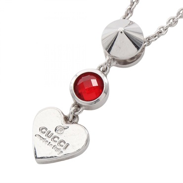 GUCCI Logo heart Necklace Pendant Silver925 Red Used 38~41cm