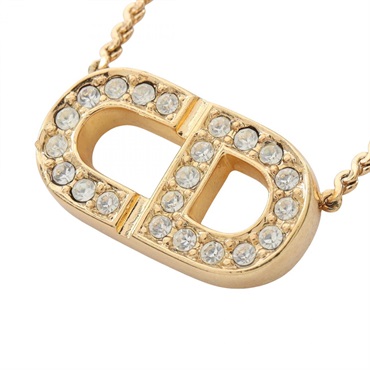 Dior CD logo Necklace Pendant Gold Plated Rhinestone Used women
