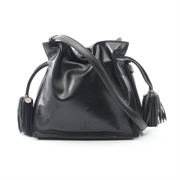 LOEWE Flamenco 22 Shoulder drawstring Bag tassels leather Black Used Women