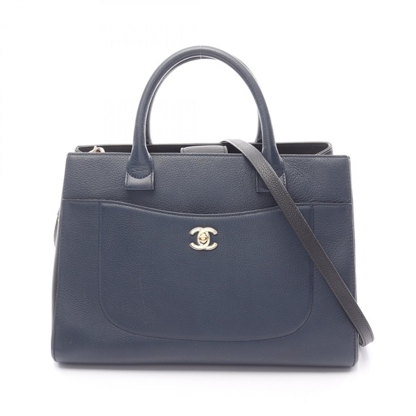 CHANEL Neo Executive Tote Shoulder Crossbody Handbag leather Navy Black GHW Used