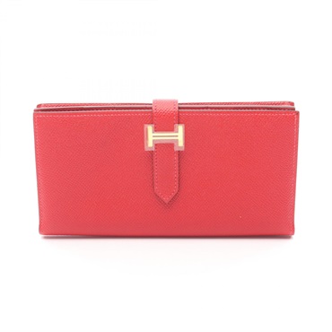 HERMES Bearn Soufflet Bifold purse wallet T Epsom Rouge casaque Used GHW