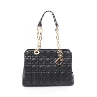Christian Dior LADY DIOR Cannage Tote chain shoulder Bag leather Black Used