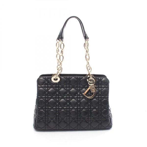 Christian Dior LADY DIOR Cannage Tote chain shoulder Bag leather Black Used