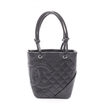 CHANEL Cambon Line Small Tote Handbag leather Black Used Women Coco CC